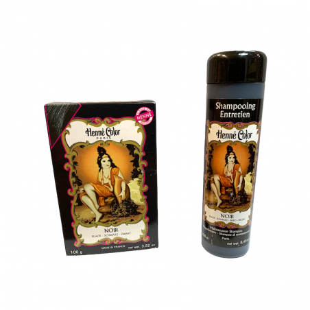 Gran cantidad de henna negra en polvo y champú para teñir el cabello.
