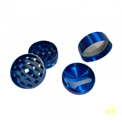 Grinder aus blauem Metall mit Pollenfänger in 4 Teilen.
