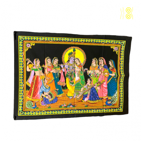 Hindu wall hanging of Radha and Krishna with family.
