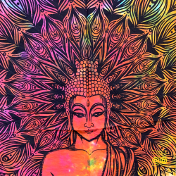 Tête de bouddha en méditation sur une tenture.