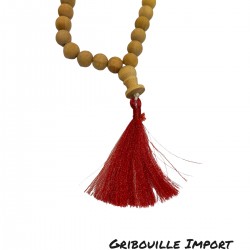 Tibetische Mala-Halskette aus Sandelholz mit roter Quaste.