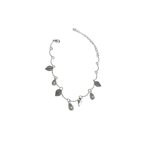 Pulsera Cadena Pie Plata Hojas